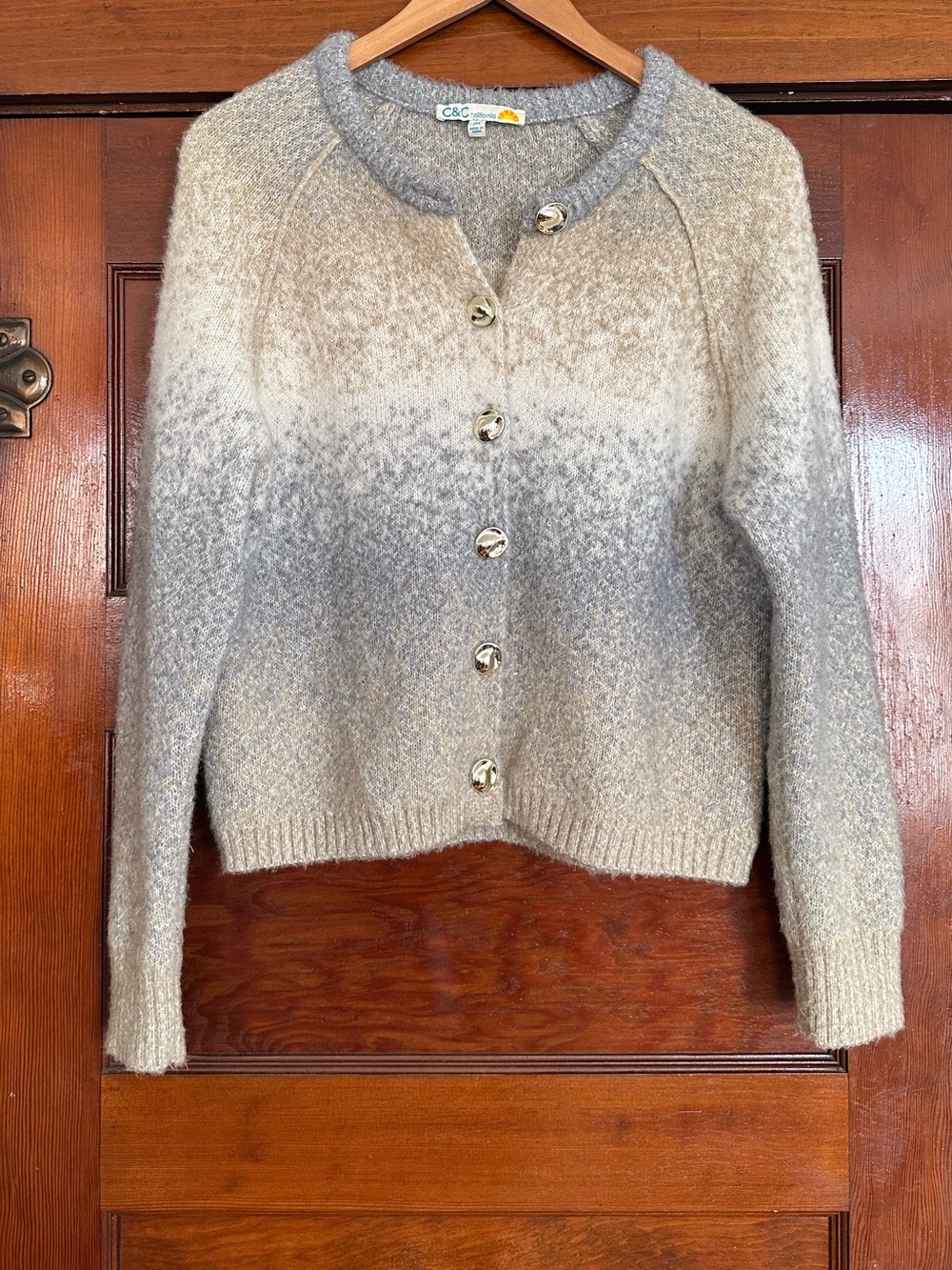 C&C California Gray Cream Ombré Crewneck Button Knit Cardigan Sweater Sz Medium